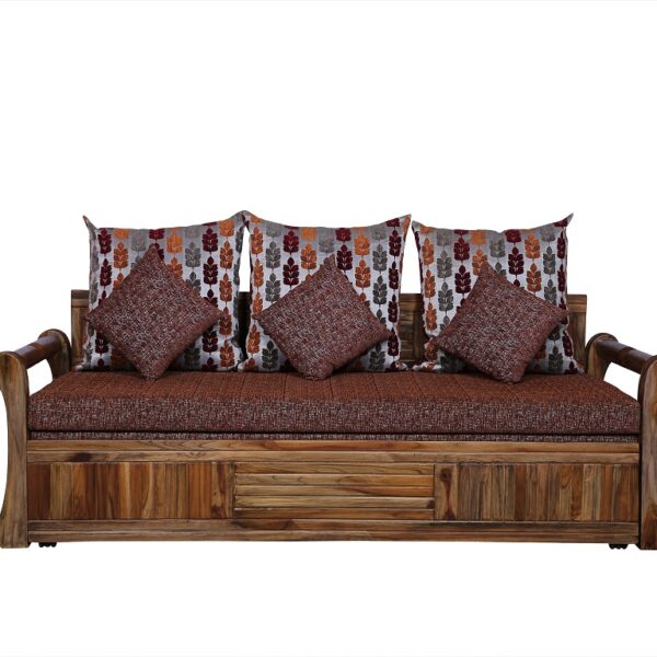 Royal Interiors Bronza Wooden Sofa Cum Bed with Storage ( Natural Brown )