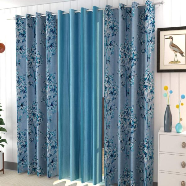 Royal Interiors Polyester Tree Printed + Plain Curtain for Window 3 Pc. ( Aqua Blue )